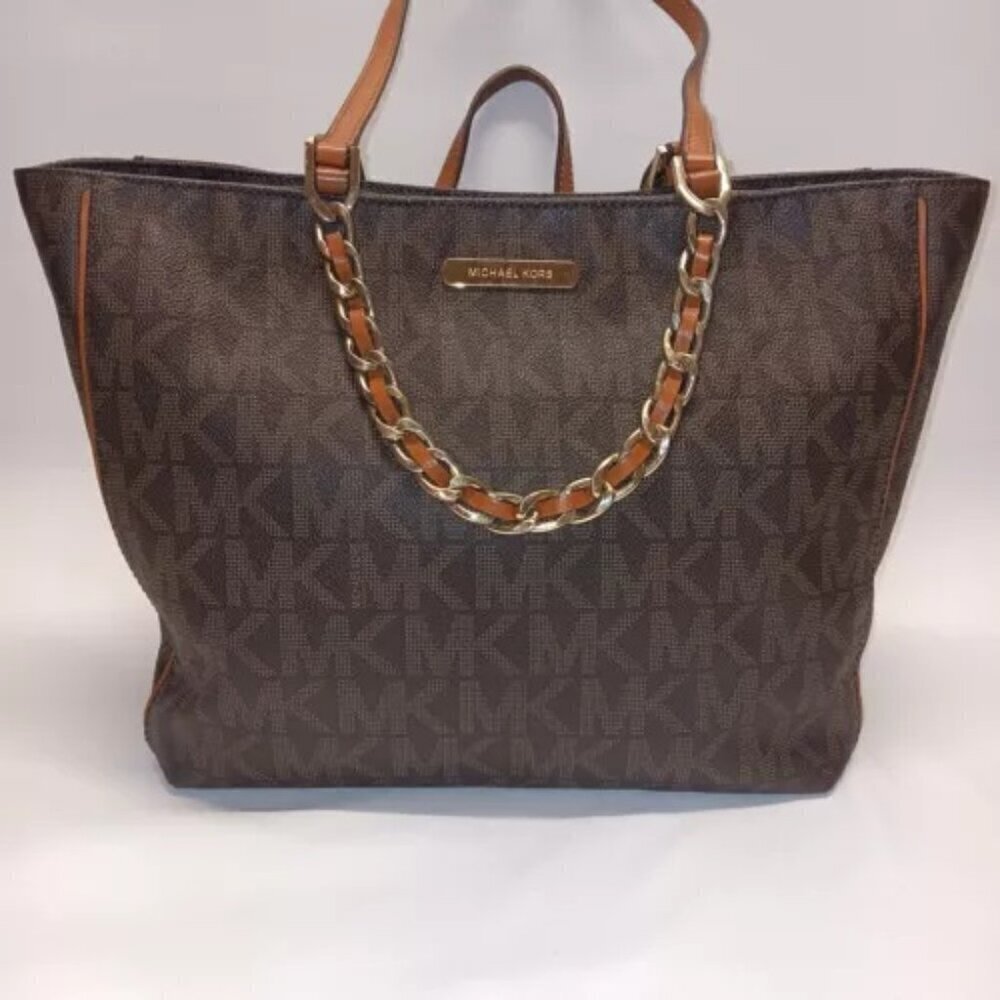 Michael Kors Handbag Brown Signature Harper Large Tote Logo Gold Chain East West